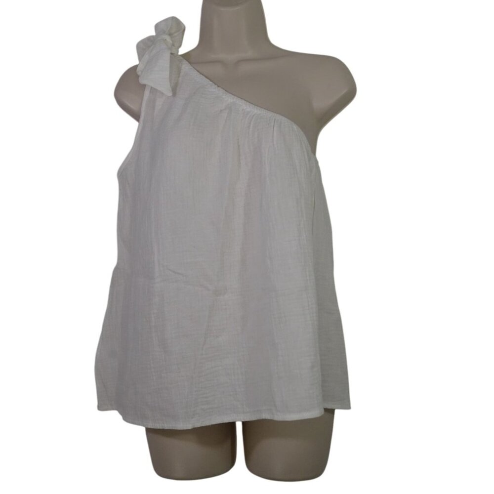 Shein One-Shoulder White Gauze Cotton Top Women Size M US Size 6 With Bow Detail